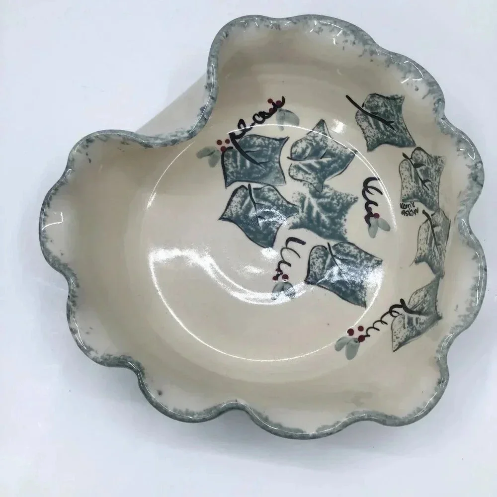 Vintage Abstract Studio Ceramic Ivy Holly Serving Bowl Artist Signed Green Red